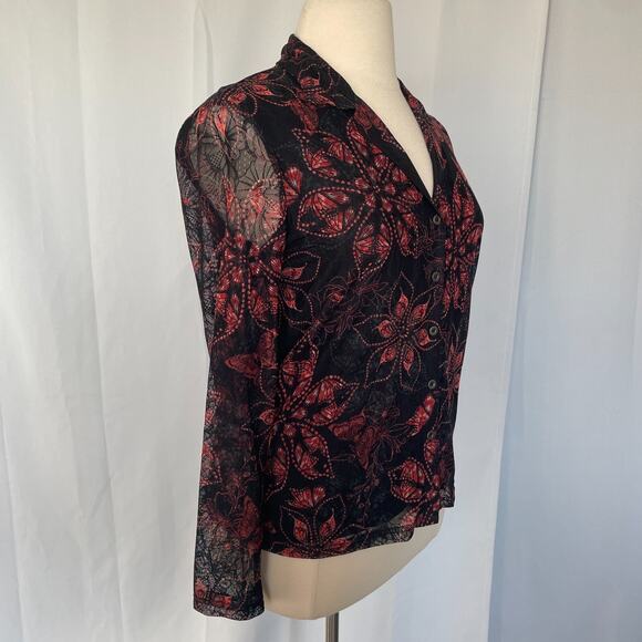 Y2K Top Womens Size Large Black Red Floral Mesh Fairy Grunge Whimsigoth Button - Picture 4 of 11
